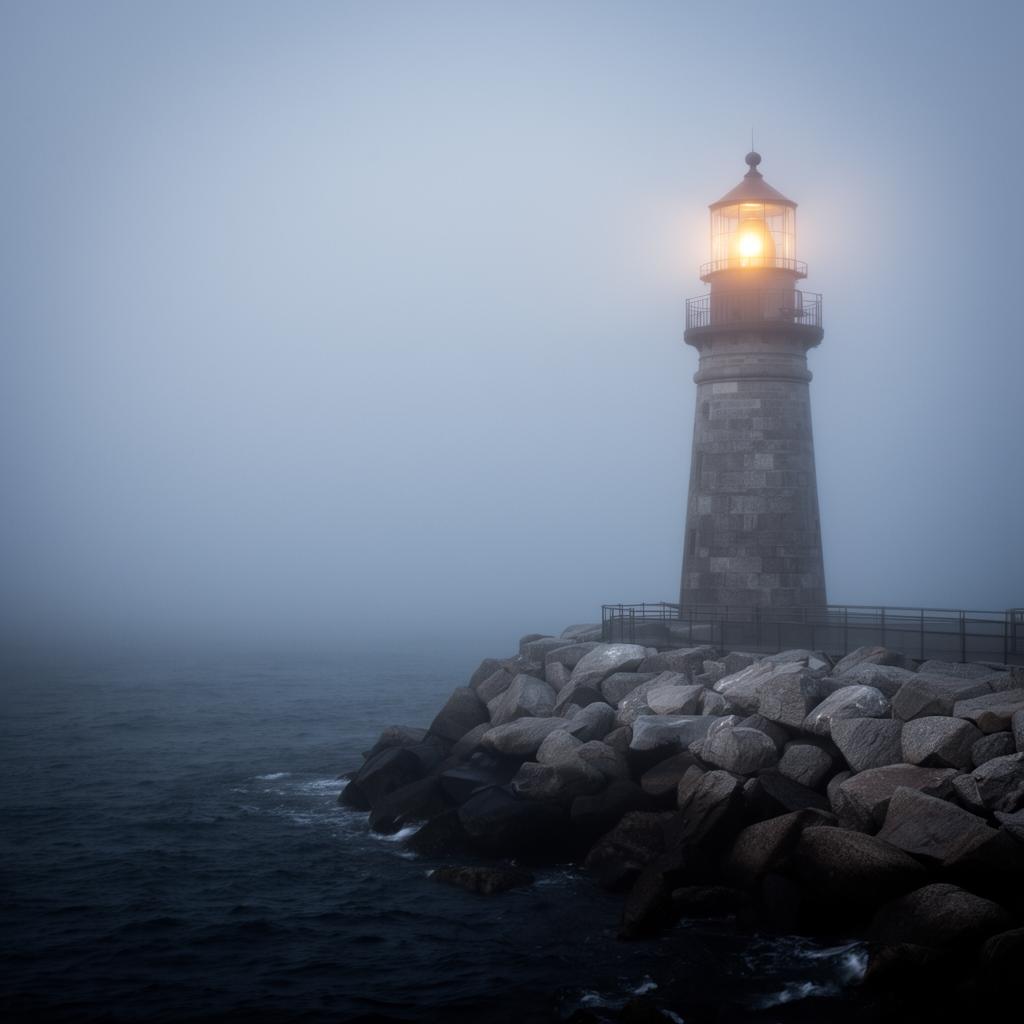 Solitary lighthouse on a granite jetty at first light